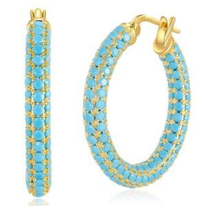 14K Yellow Gold Sterling Silver with Turquoise Blue Cubic Zirconia Hoop Earrings